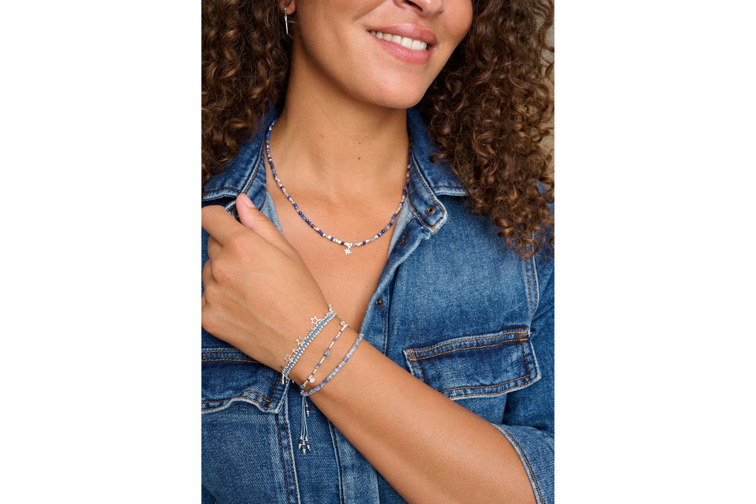 Bracelet styled on wrist with Boho Betty silver jewellery stack