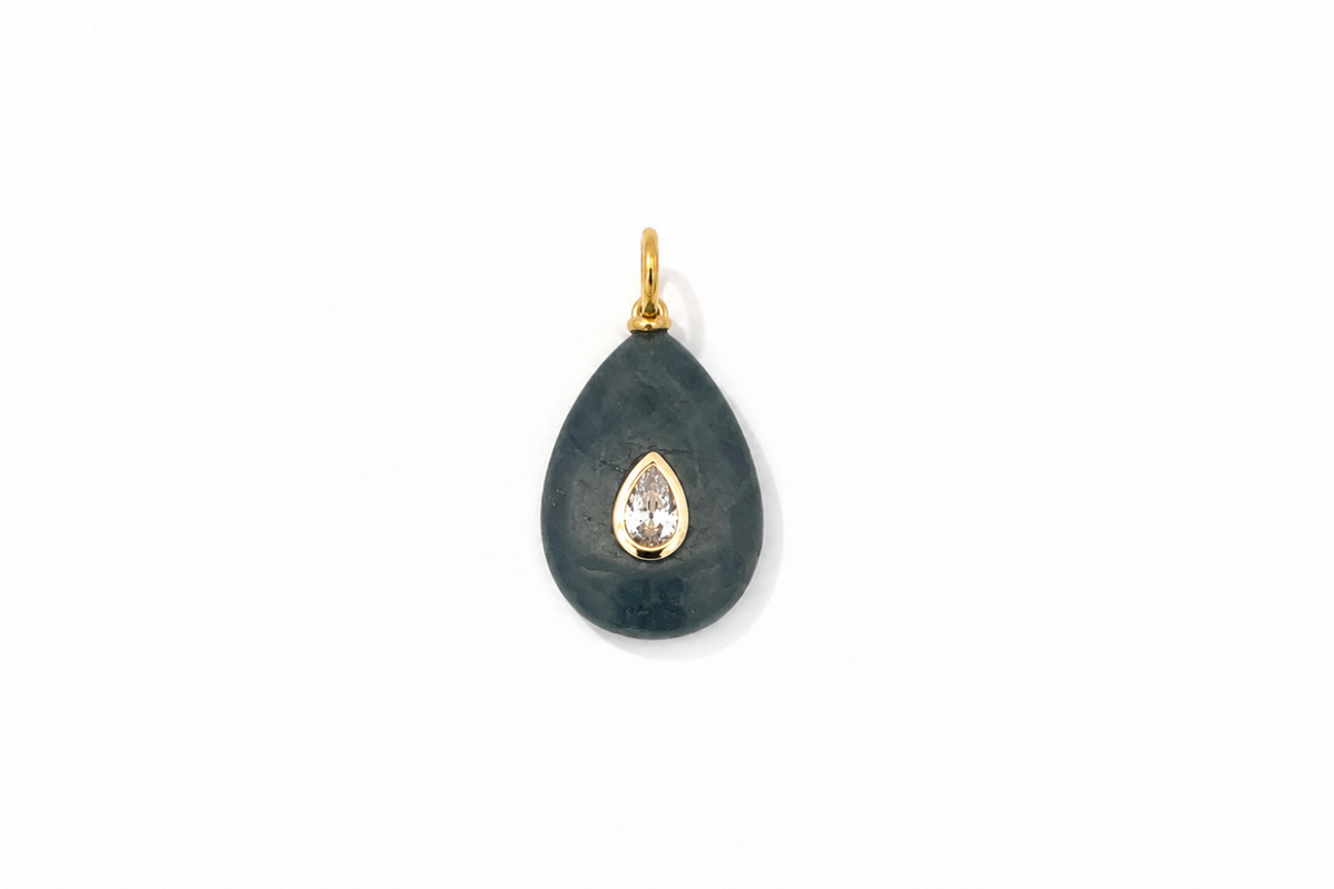 Fleur labradorite teardrop gemstone charm in gold, a Boho Betty AW26 waterproof collectable charm