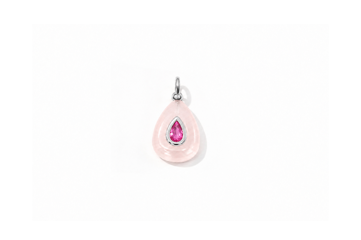 Fleurette rose quartz teardrop gemstone charm in silver, a Boho Betty AW26 waterproof collectable charm