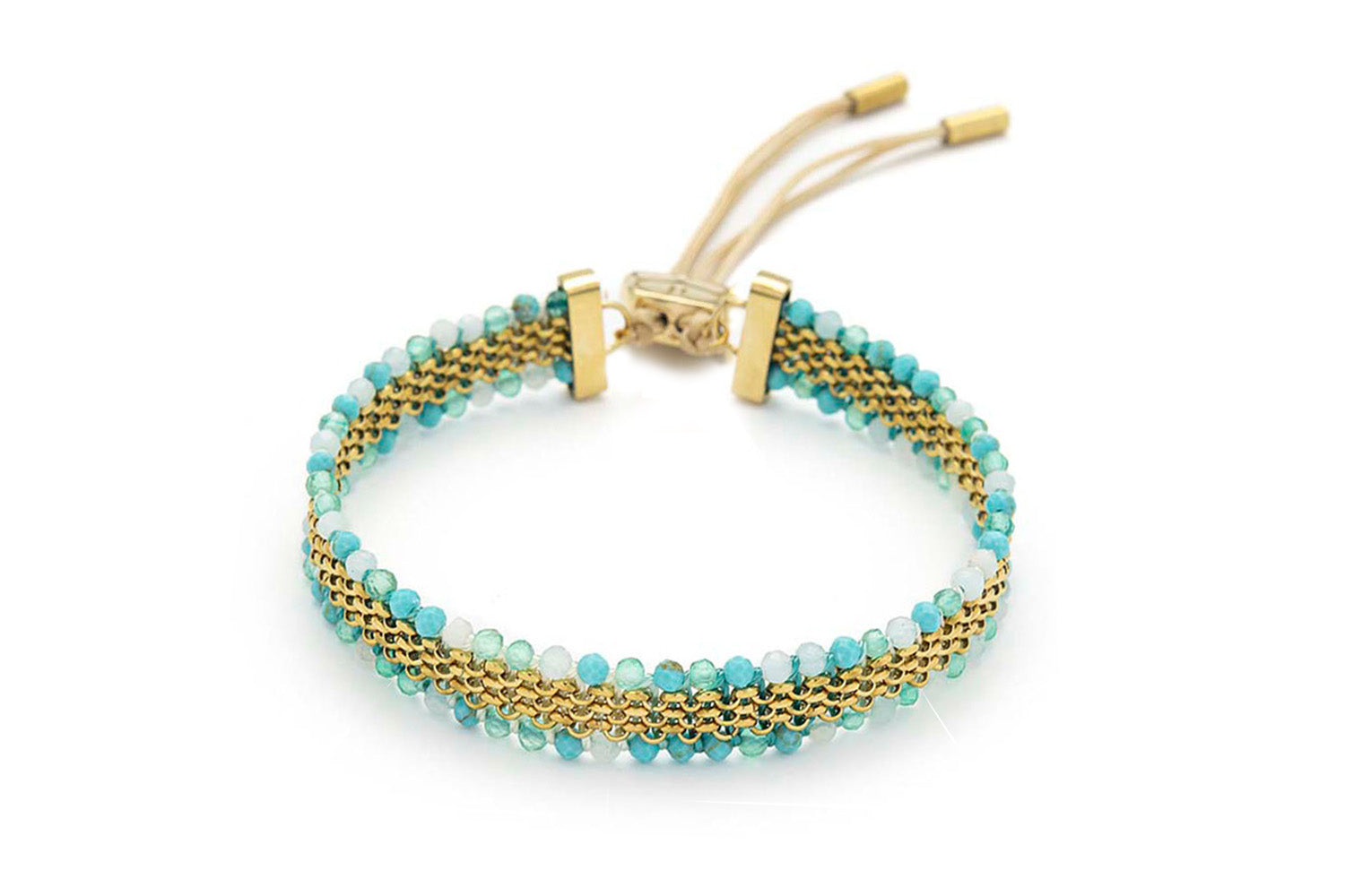 Freya Amazonite Mix Gold Braided Bracelet featuring amazonite gemstone beads, delicate gold-plated chain detailing, and an adjustable slider fastening.