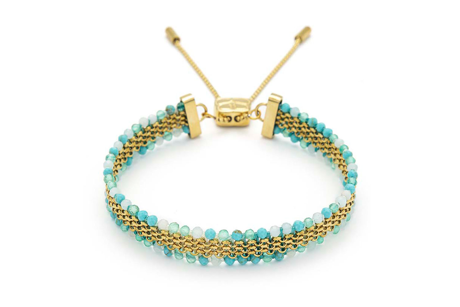 Freya Amazonite Mix Gold Braided Bracelet featuring amazonite gemstone beads, delicate gold-plated chain detailing, and an adjustable slider fastening.