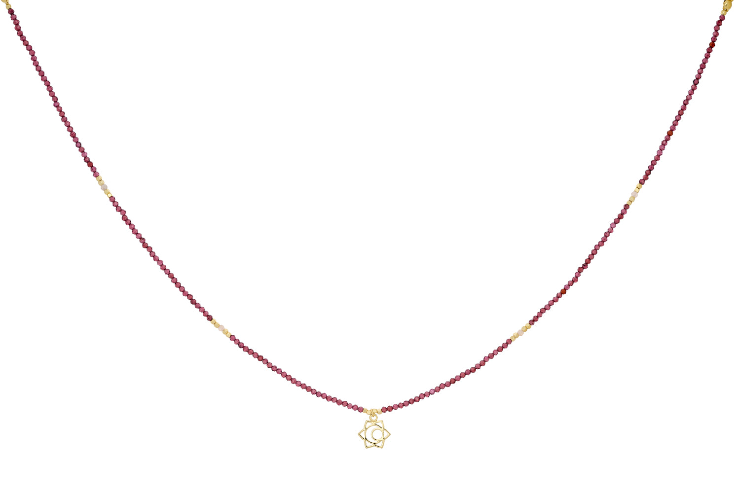 Garnet and Sunstone Gold Sacral Chakra Necklace featuring rich garnet and glowing sunstone gemstones with 12k gold-plated accents for passion, confidence, and joyful energy.