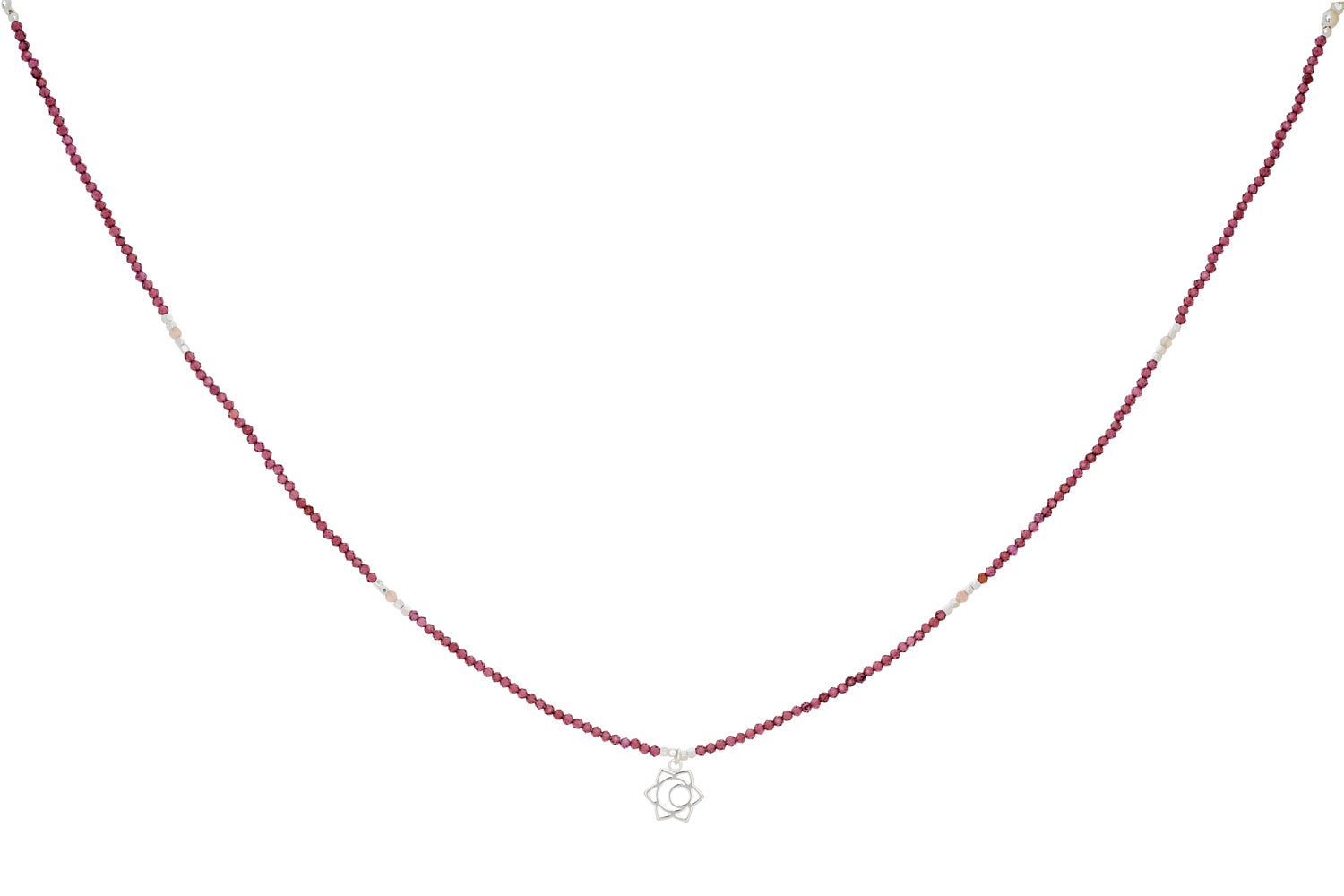 Garnet and Sunstone Silver Sacral Chakra Necklace featuring vibrant red garnet and warm golden sunstone beads with sterling silver accents for creativity, passion, and emotional balance.