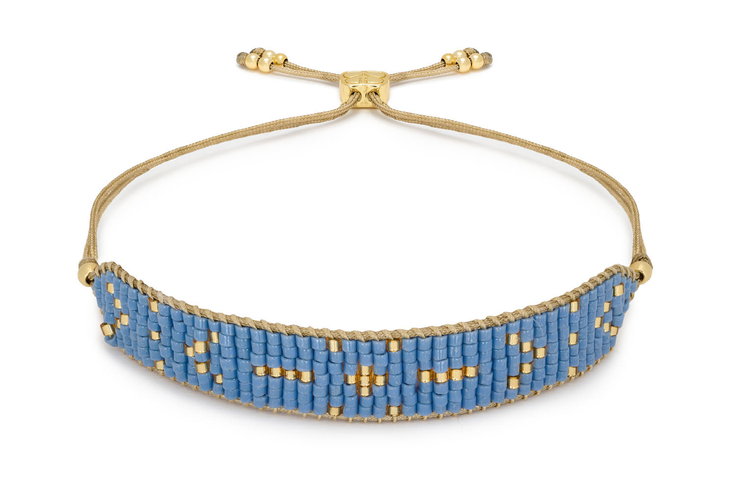 Grace Blue Gold Beaded 7 Row Friendship Bracelet featuring seven rows of Japanese Miyuki beads in soothing blue and gold-plated accents, with an adjustable slider design for a comfortable fit.