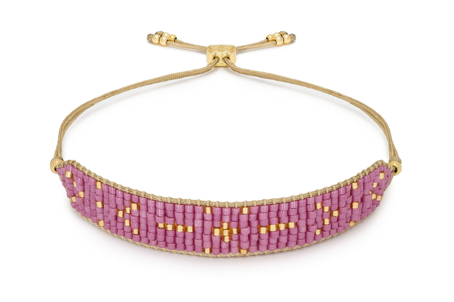 Grace Gold & Raspberry Beaded Friendship Bracelet featuring seven rows of hand-threaded Japanese Miyuki beads in soft berry tones, accented with 12k gold-plated elements, adjustable slider for a perfect fit.