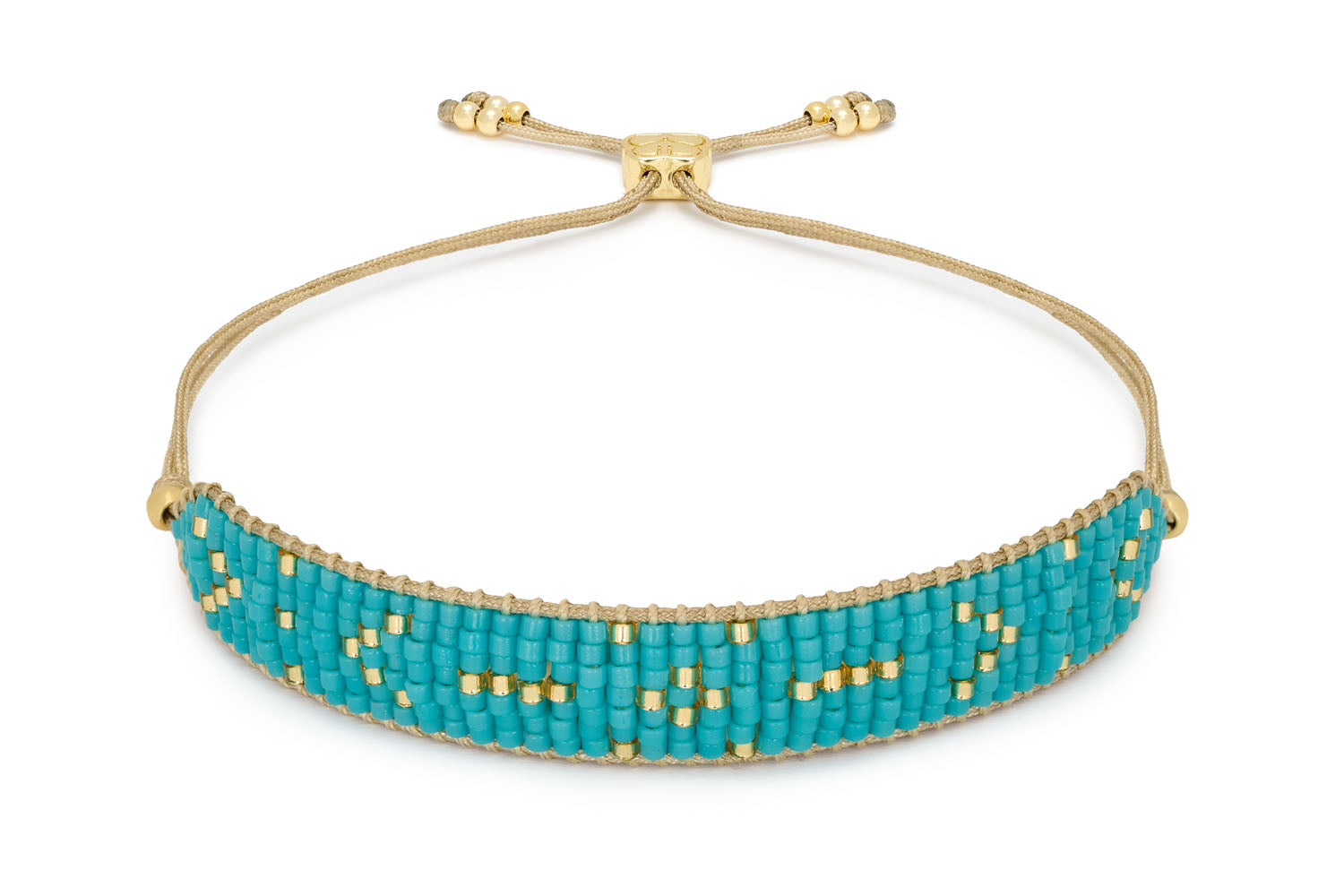 Grace Turquoise Gold Beaded Friendship Bracelet featuring seven rows of Japanese Miyuki beads in turquoise and gold-plated accents, with an adjustable stretch design for a perfect fit.