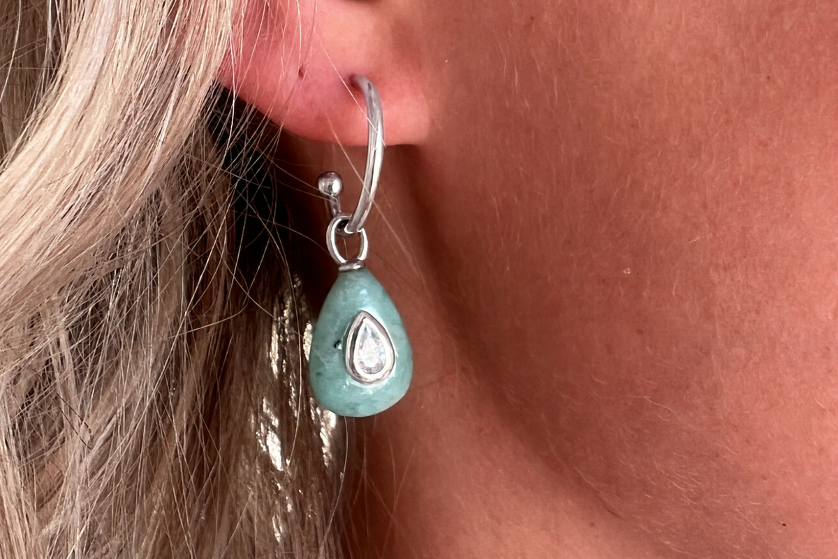 Hana Amazonite Silver Hoop Earrings worn with Amazonite gemstone drops and rhodium-plated stainless steel hoops for effortless holiday styling.