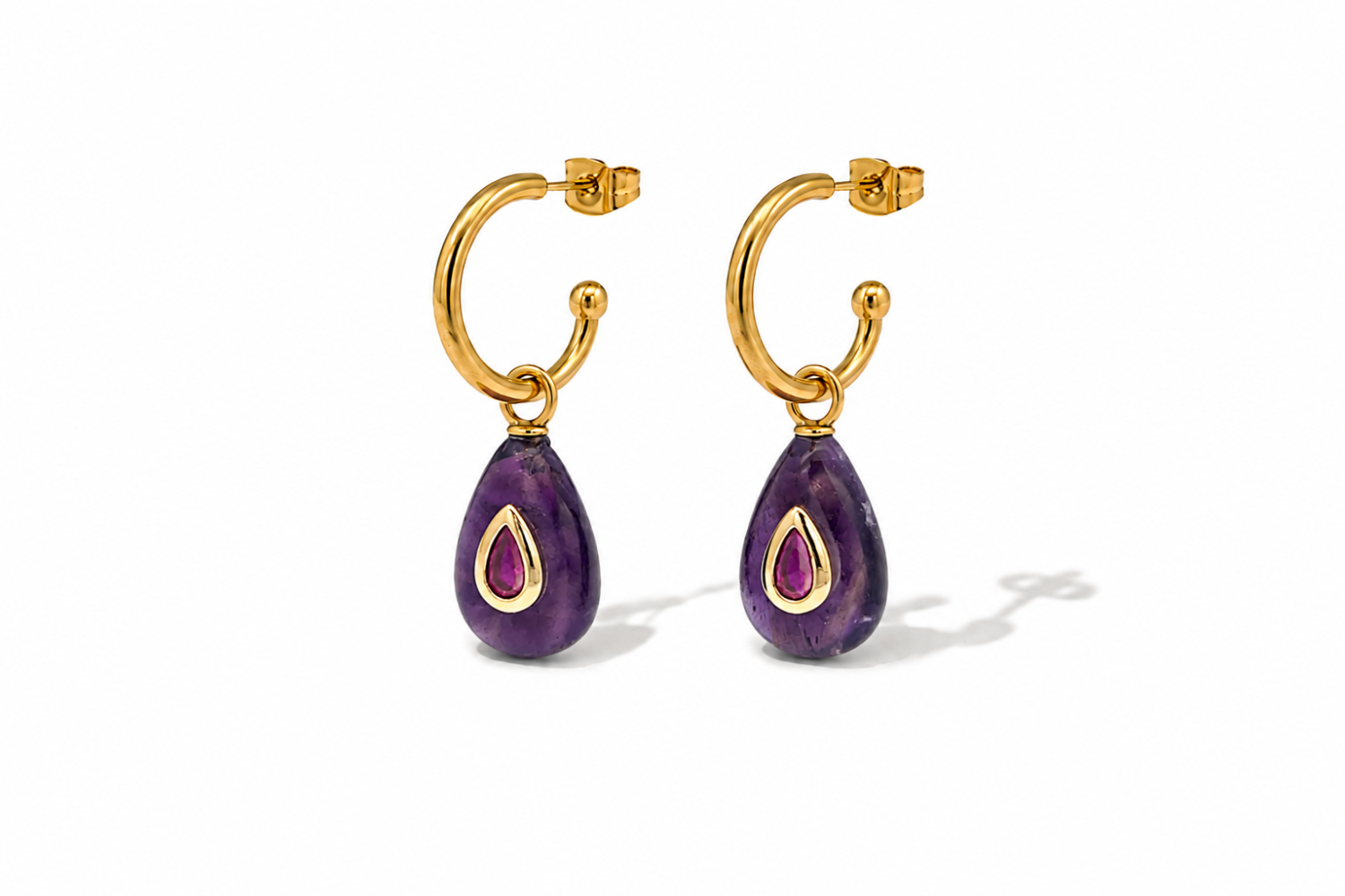 Hana Amethyst Gold Hoop Earrings featuring natural amethyst gemstone drops with ruby-coloured crystal details on waterproof 14k gold PVD hoops.