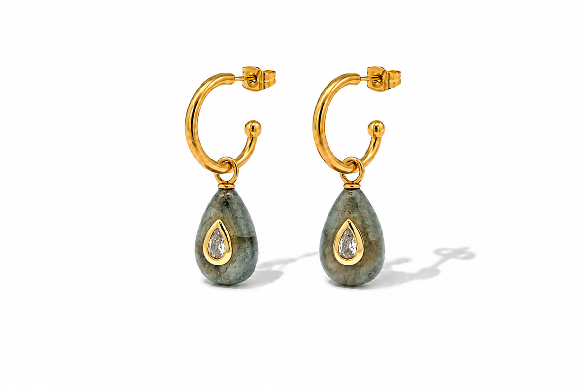 Hana labradorite teardrop gemstone hoop earrings in gold, a Boho Betty AW26 waterproof earring