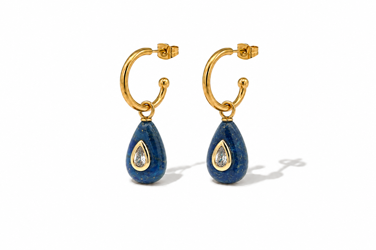Hana lapis lazuli teardrop gemstone hoop earrings in gold, a Boho Betty AW26 waterproof earring