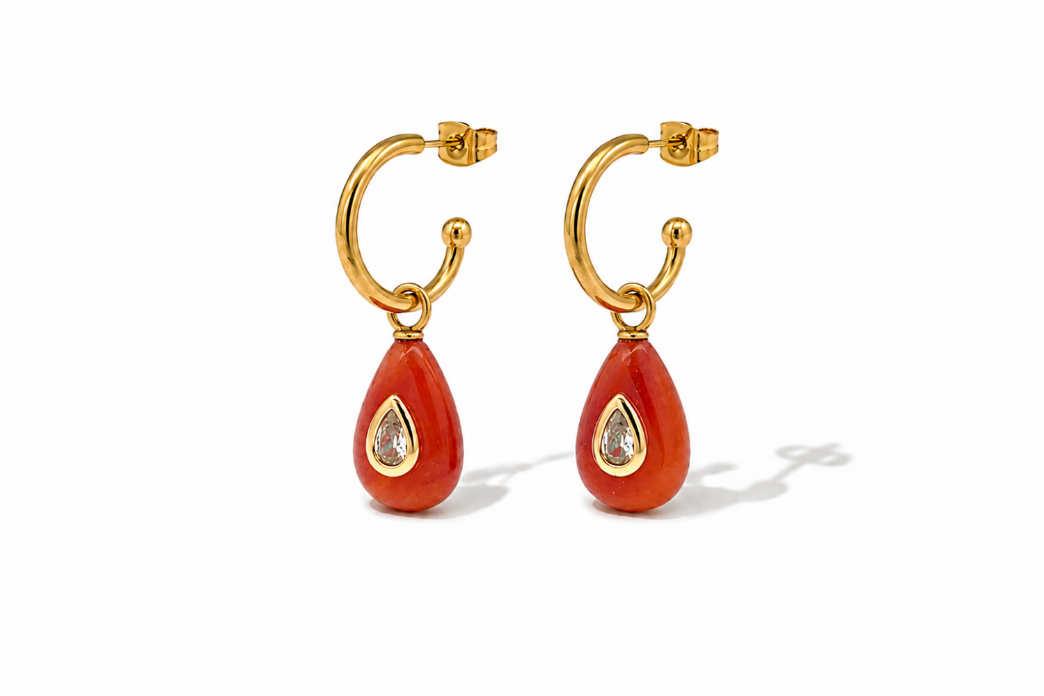 Hana Red Aventurine Gold Hoop Earrings featuring Red Aventurine gemstone drops with clear crystal details on waterproof 14k gold PVD stainless steel hoops.