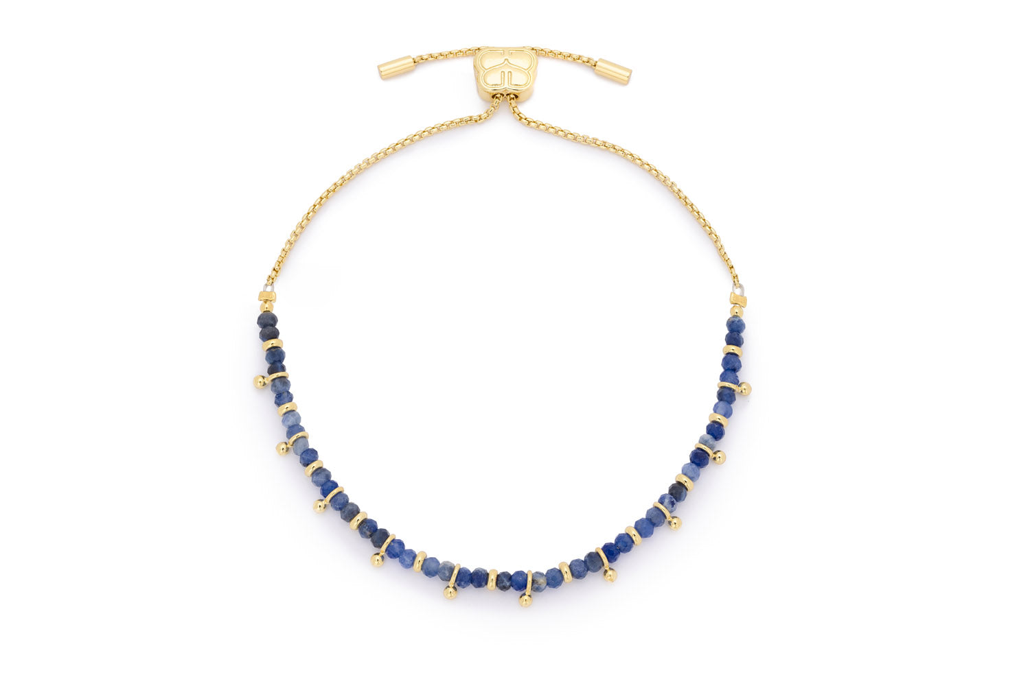 Harmony Gold Sodalite Beaded Bracelet featuring rich indigo sodalite beads with luxurious 12k gold-plated accents and an adjustable slider design for a perfect fit.