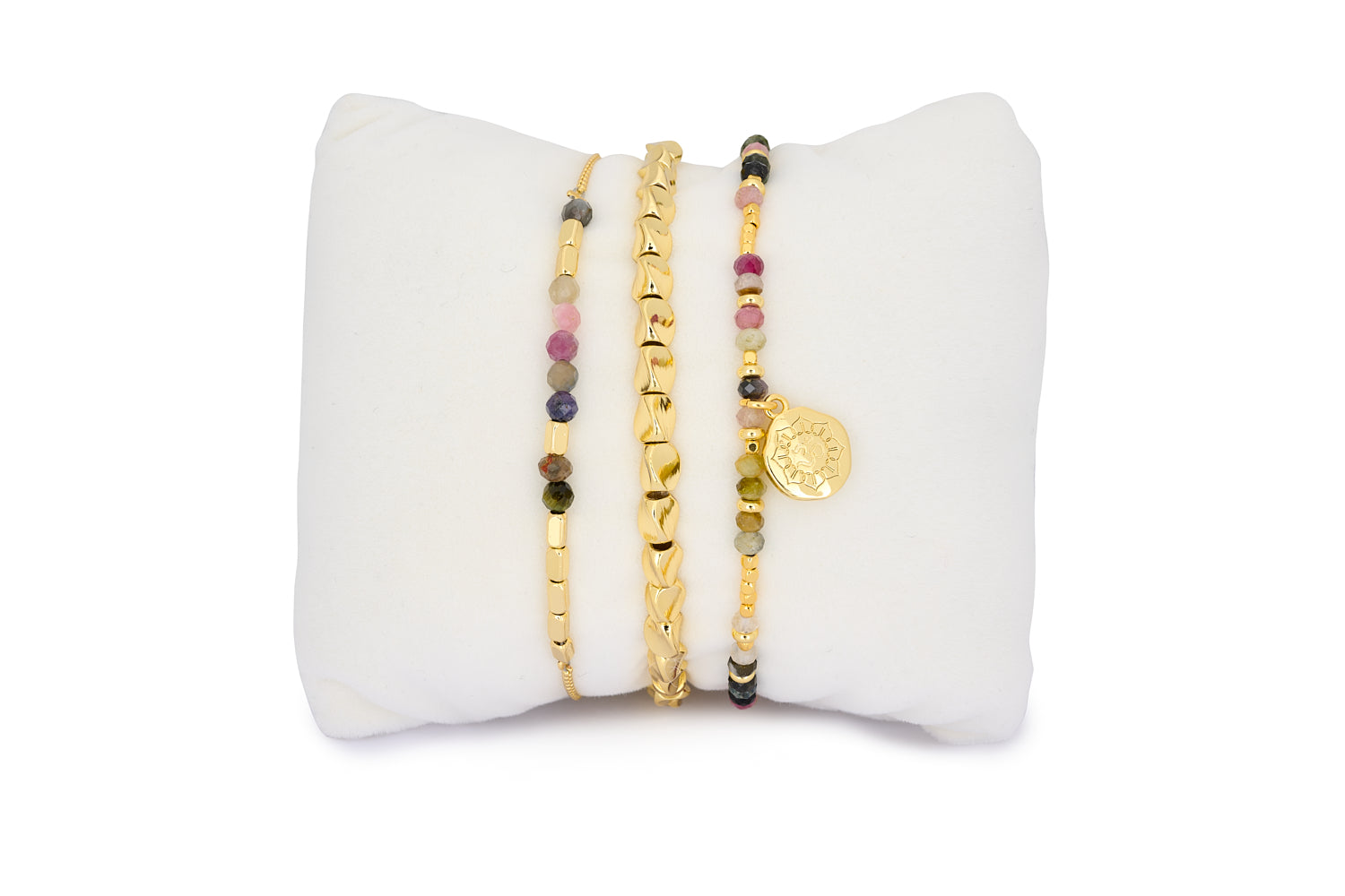 Havelock Gold & Tourmaline Beaded Bracelet Stack featuring multicoloured faceted tourmaline gemstones and 12k gold-plated accents, designed for stacking or gifting as a boho-chic accessory.