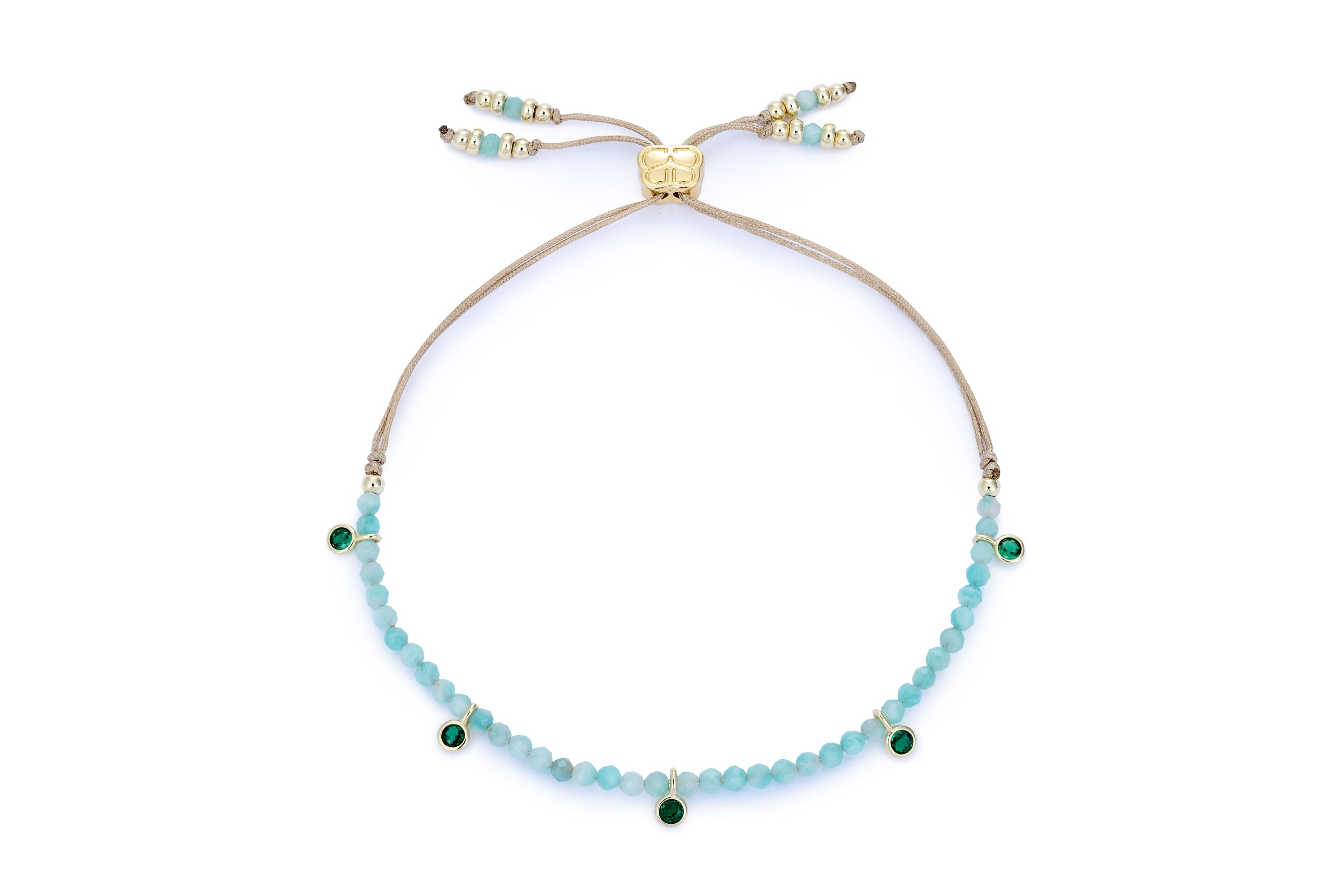 Holly Gold & Amazonite Beaded Charm Bracelet featuring serene amazonite beads, gold-plated accents, and sparkling CZ charms, perfect for layering or gifting as a March birthstone bracelet.