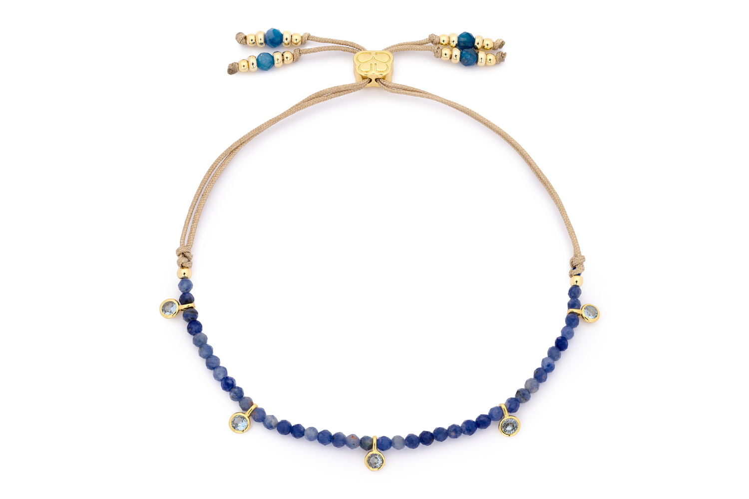 Holly Gold & Blue Aventurine Beaded Slider Bracelet featuring cool blue Aventurine beads, 12k gold-plated accents, and CZ charms with a comfortable slider design.