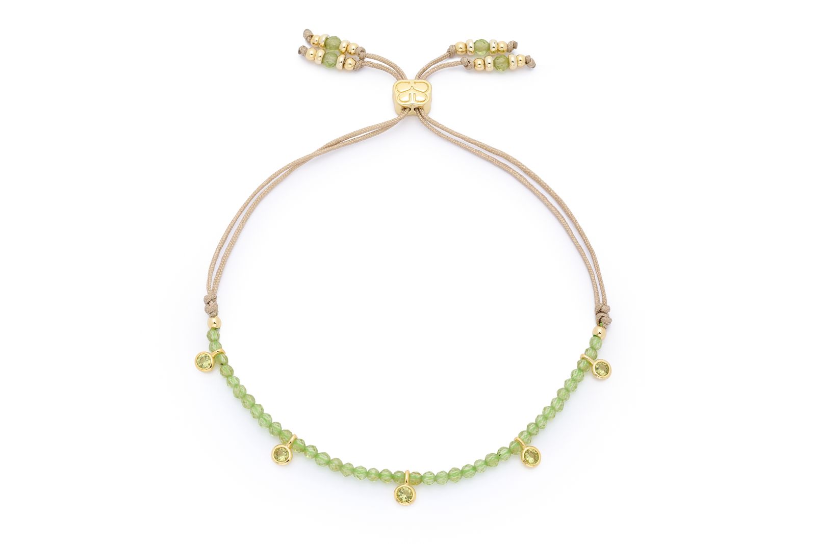 Holly Gold & Peridot Beaded Slider Bracelet featuring vibrant Peridot beads, gold-plated accents, and citrus-green CZ charms with an adjustable slider design.