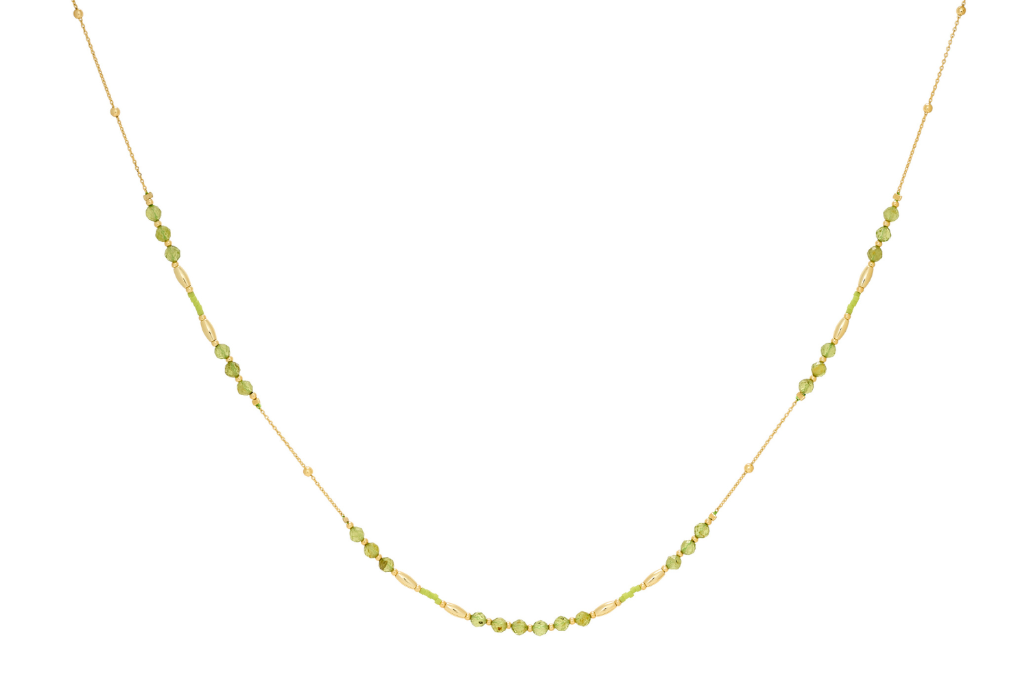 Horus Peridot Gemstone Necklace with faceted Peridot beads and gold accents. A meaningful August birthstone gift.