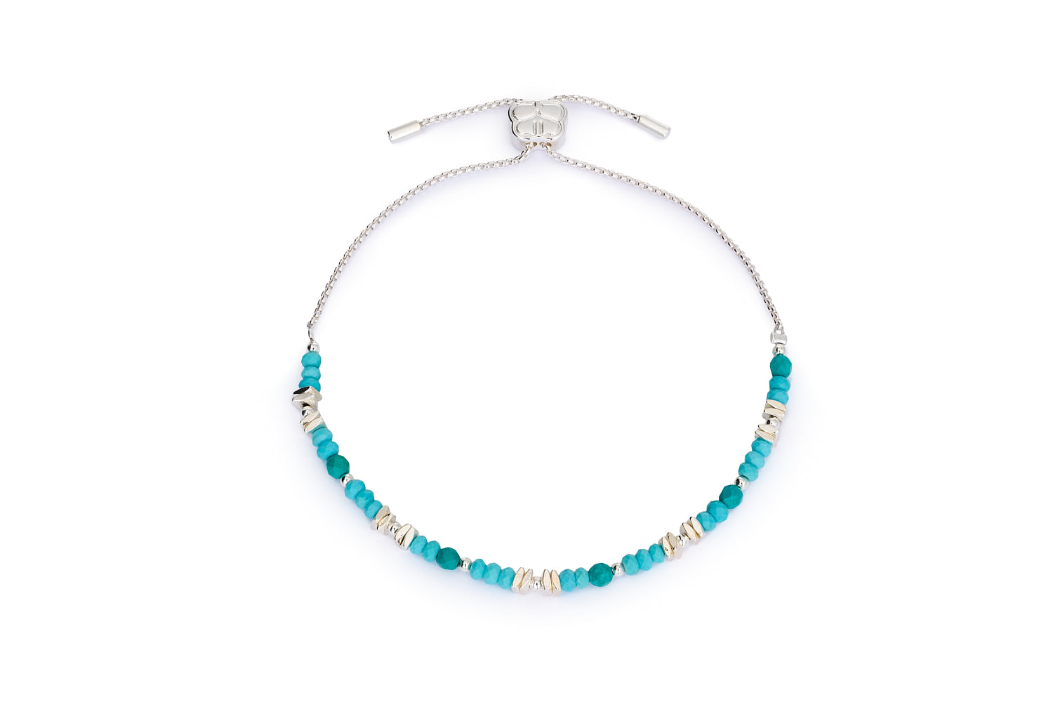Iris silver turquoise howlite gemstone slider bracelet with faceted beads and silver chain
