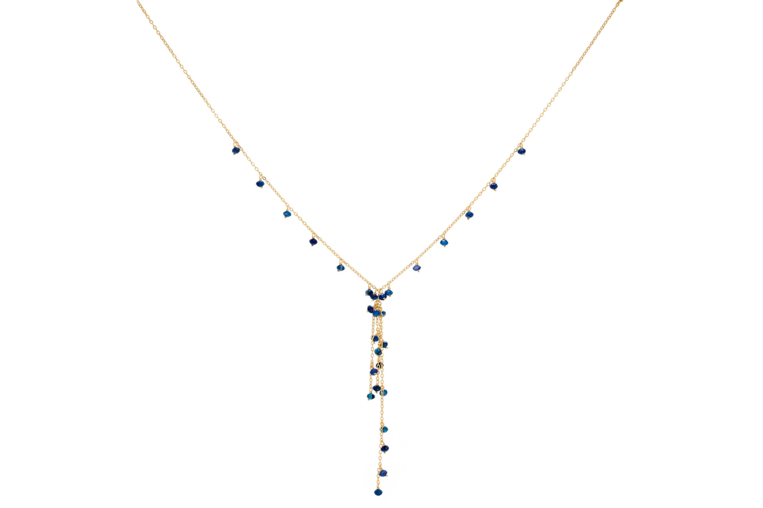 Ivy Kyanite Lariat Gemstone Necklace featuring deep indigo blue kyanite gemstones with a luxurious 12k gold-plated chain, perfect for layering or adding a touch of cosmic elegance.