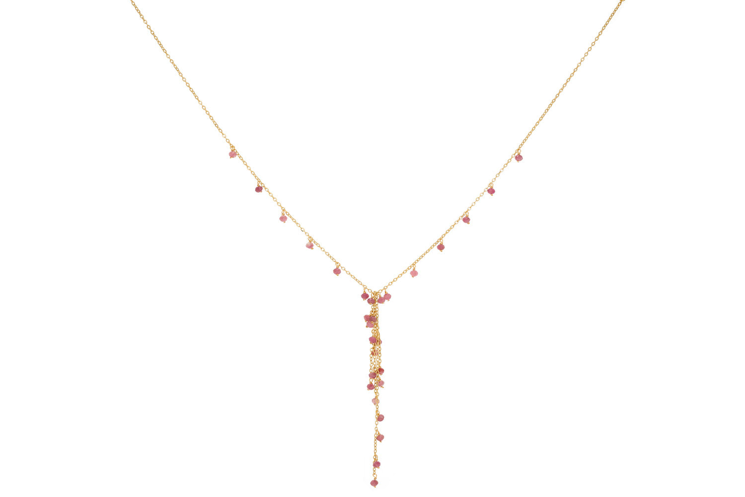 Ivy Pink Tourmaline Lariat Necklace featuring soft petal pink tourmaline gemstones and a 12k gold-plated brass chain, perfect for romantic evenings and special occasions.