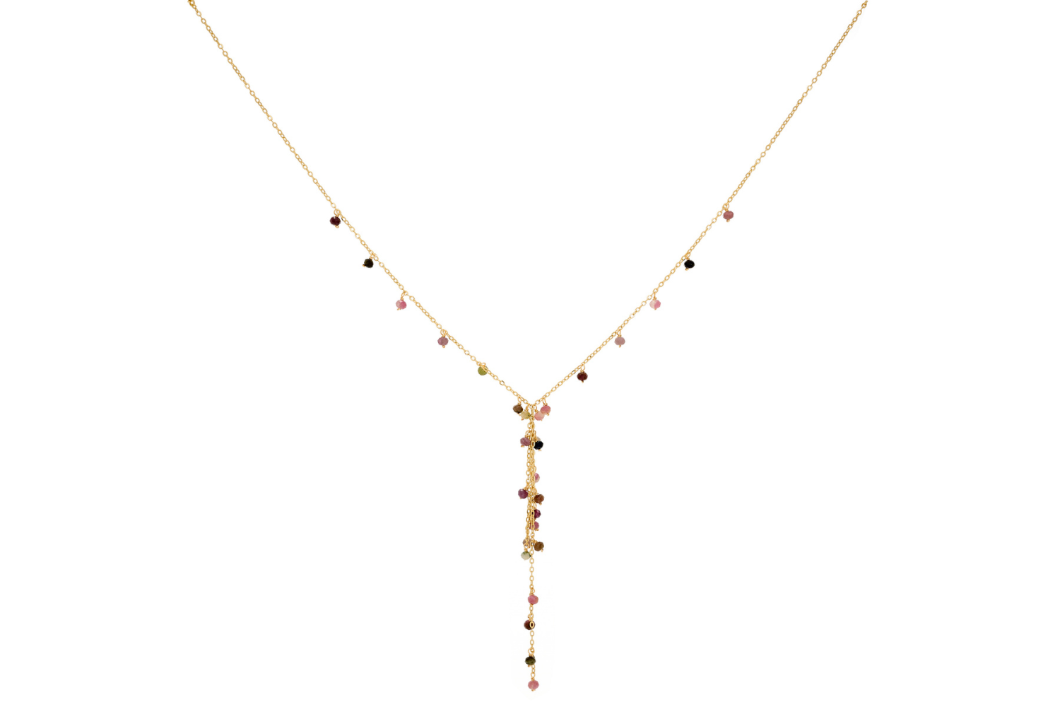 Ivy Tourmaline Gemstone Beaded Lariat Necklace featuring faceted tourmaline beads in pink, green, and earthy tones, with a 12k gold-plated chain and lariat design.