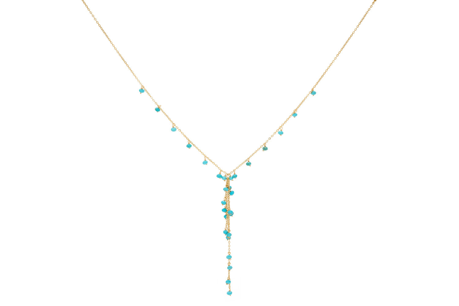 Ivy Turquoise Lariat Necklace with faceted turquoise gemstones and 12k gold-plated lariat design, perfect for layering.