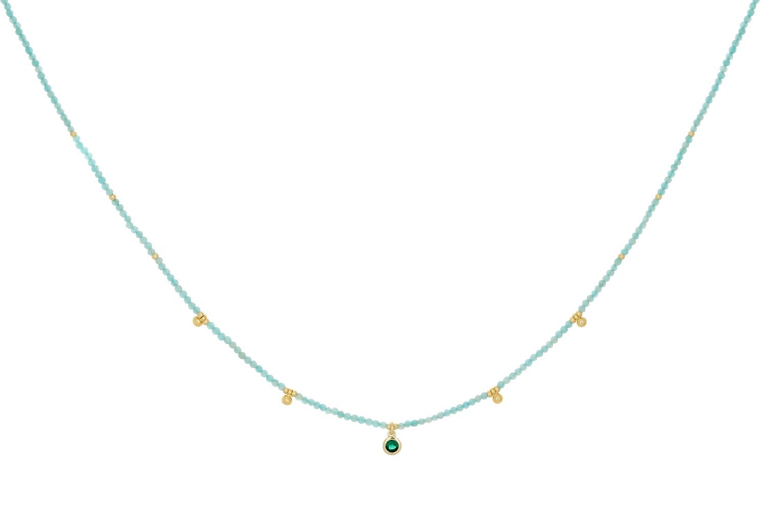 Jasmine Amazonite & Green Crystal Necklace featuring serene amazonite beads, 12k gold-plated accents, and an adjustable chain, perfect for layering or gifting.