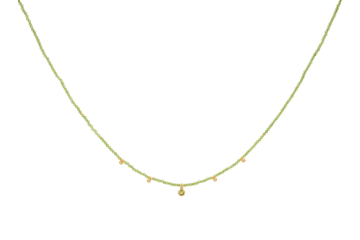 Jasmine Gold & Peridot Beaded Pendant Necklace featuring faceted peridot beads and shimmering 12k gold-plated accents, with a delicate pendant charm.