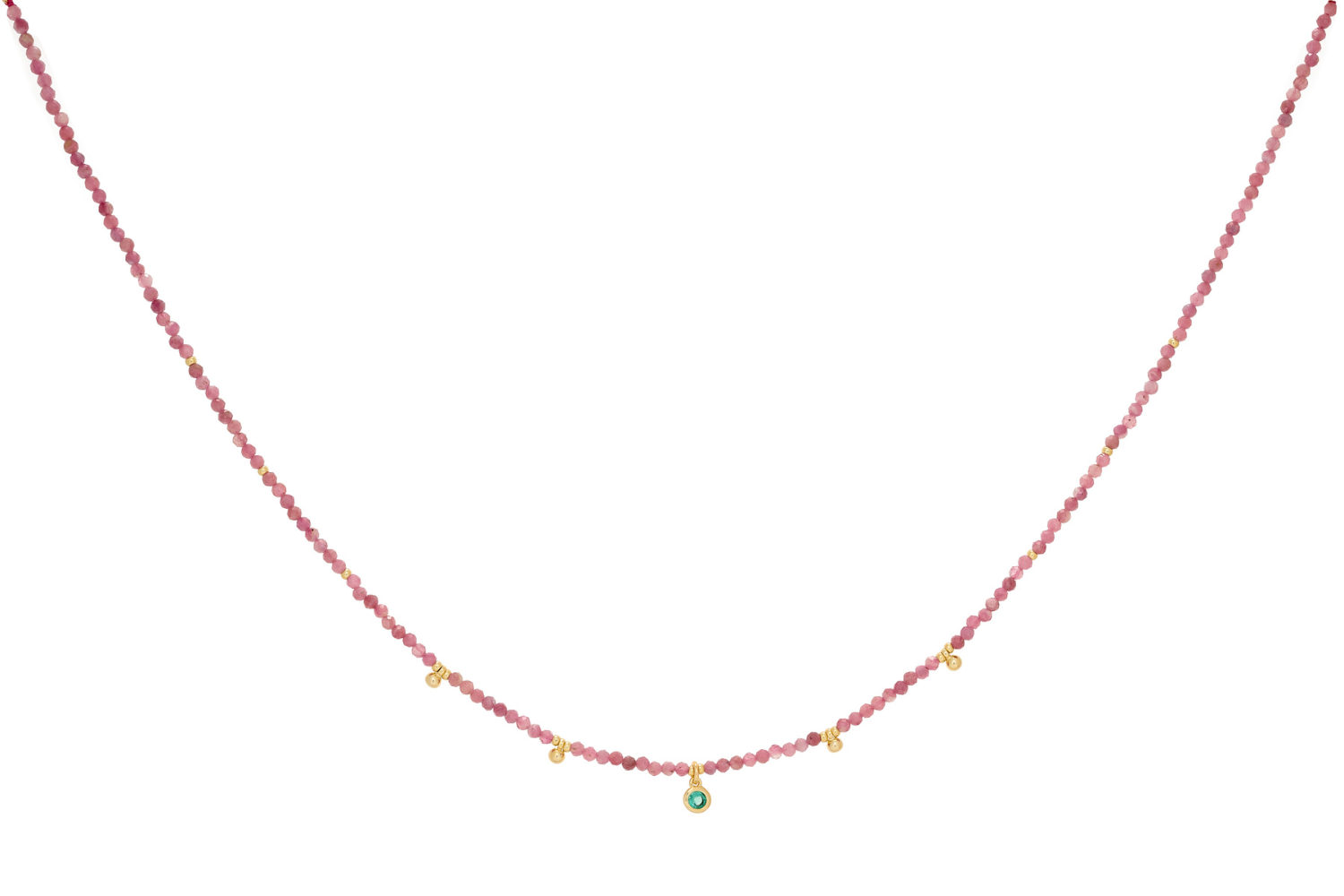 Jasmine Gold & Pink Tourmaline Gemstone Beaded Necklace featuring delicate pink tourmaline beads and shimmering golden accents, set on a 12k gold-plated chain.