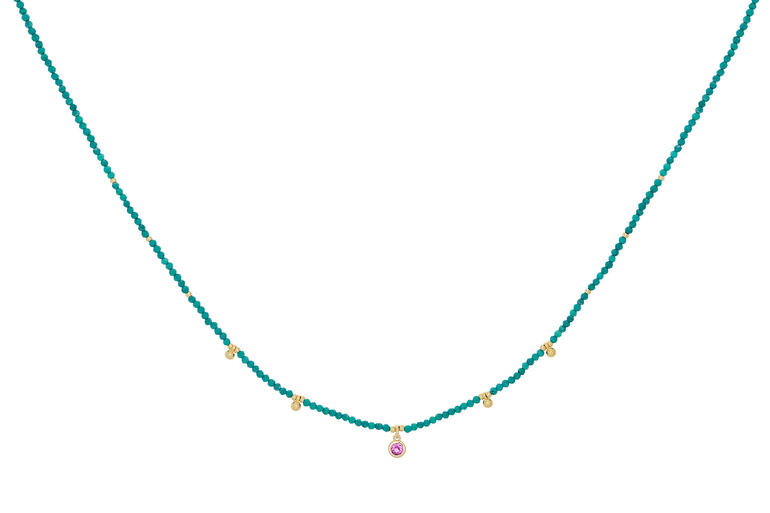 Jasmine Turquoise Howlite and Pink Crystal Necklace featuring vibrant turquoise howlite beads, 12k gold-plated accents, and a pink crystal charm, perfect for layering or gifting.