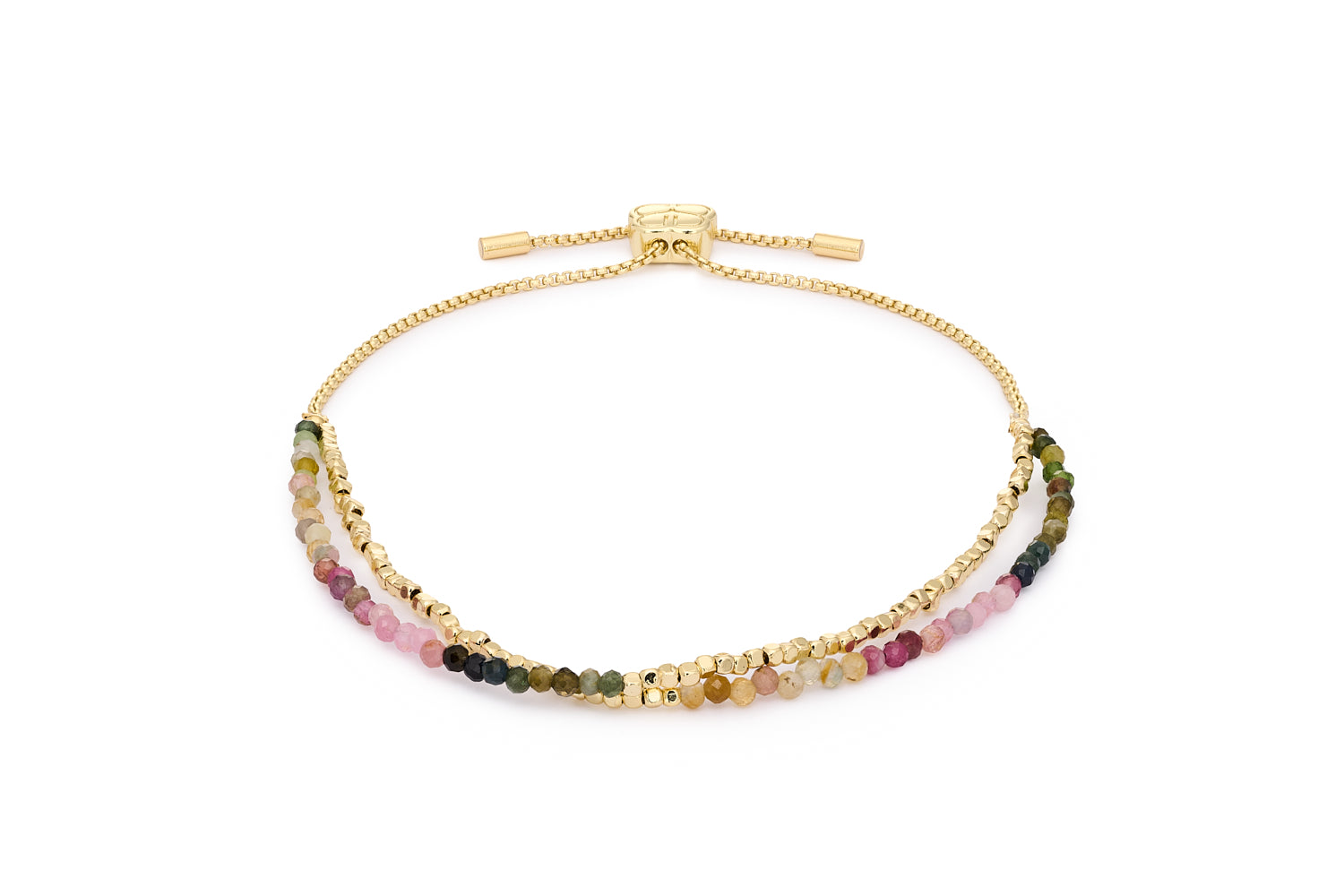 Juniper Gold & Tourmaline Double Strand Bracelet featuring faceted multi-coloured tourmaline gemstones with 12k gold-plated brass accents and adjustable slider fit up to 26cm.