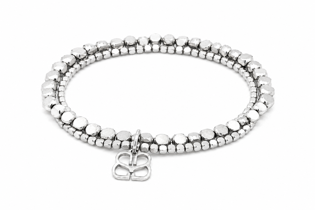 Kamala Major PVD Silver Stretch Bead Bracelet Set featuring two waterproof stainless steel silver bead bracelets with polished finishes and comfortable stretch fit.