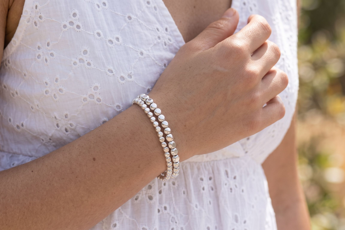 Kamala Major Silver Nugget Stretchy Bracelet Set SS