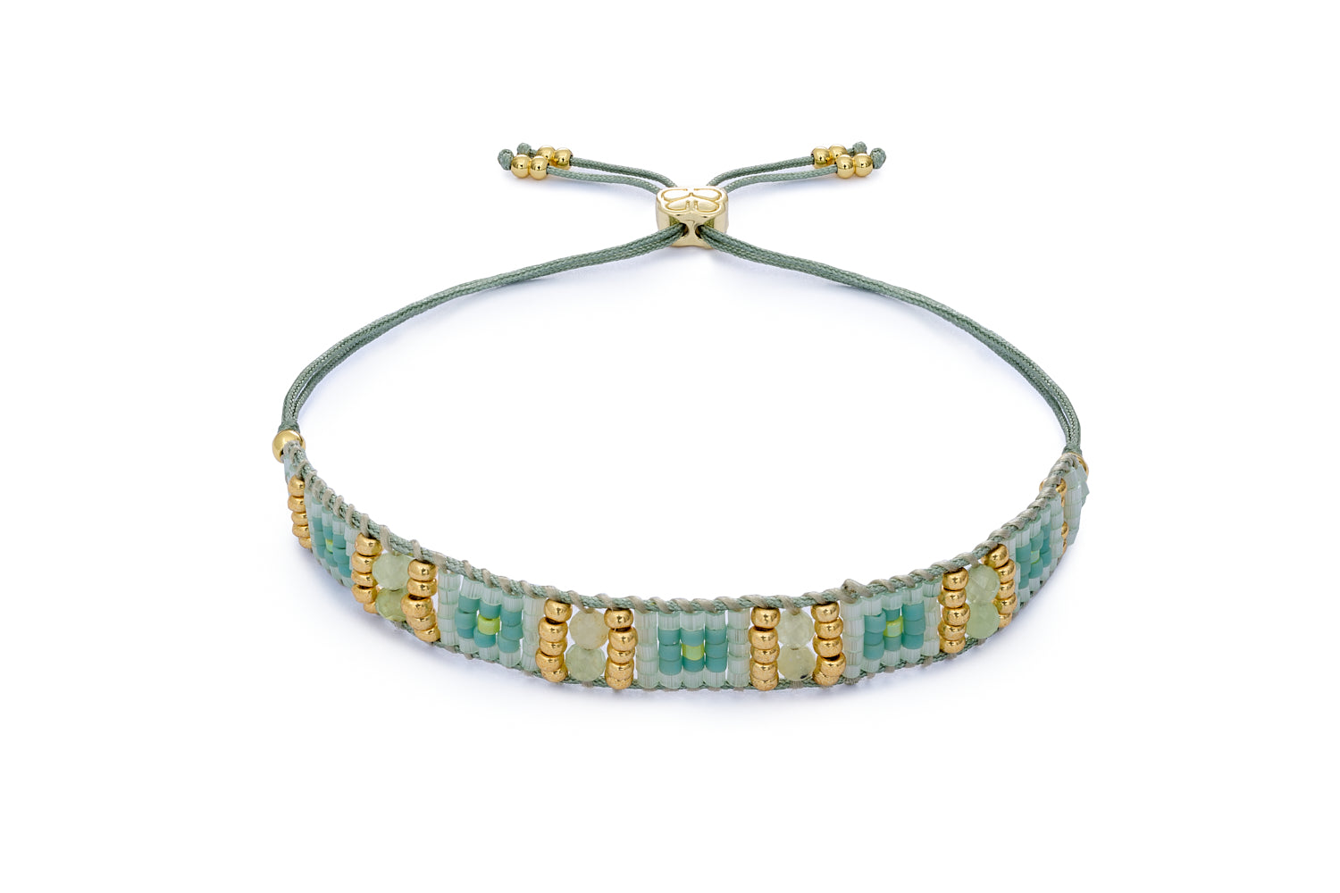 Leilie Green Aventurine & Gold Beaded Friendship Bracelet featuring soft sage and aqua hues, 12k gold-plated accents, and an adjustable slider fastening for a perfect fit.