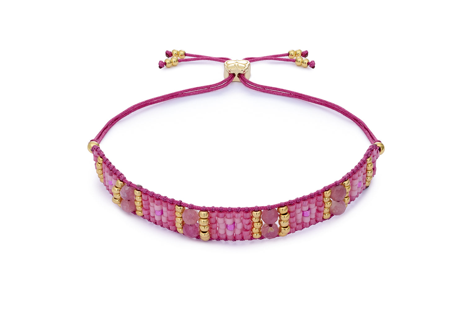 Leilie Pink Tourmaline & Gold Beaded Friendship Bracelet featuring vibrant pink and blush Miyuki beads, 12k gold-plated accents, and an adjustable slider fastening for a perfect fit.