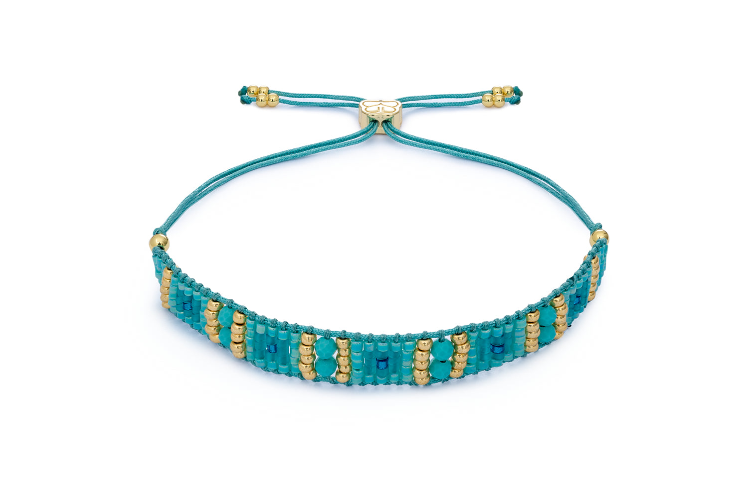 Leilie Turquoise Howlite & Gold Beaded Friendship Bracelet featuring vibrant turquoise Miyuki beads, 12k gold-plated accents, and an adjustable slider fastening for a perfect fit.
