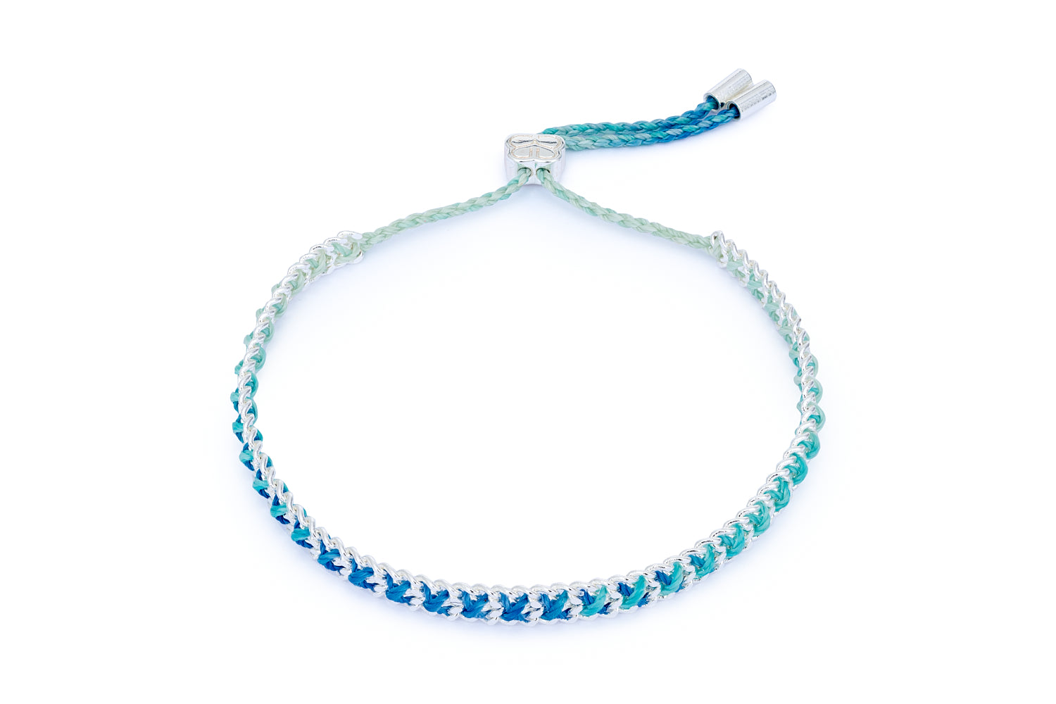 Lilia Blue & Silver Ombre Cord Bracelet featuring ocean-blue chevron weave, silver-plated chain, and adjustable slider fastening.