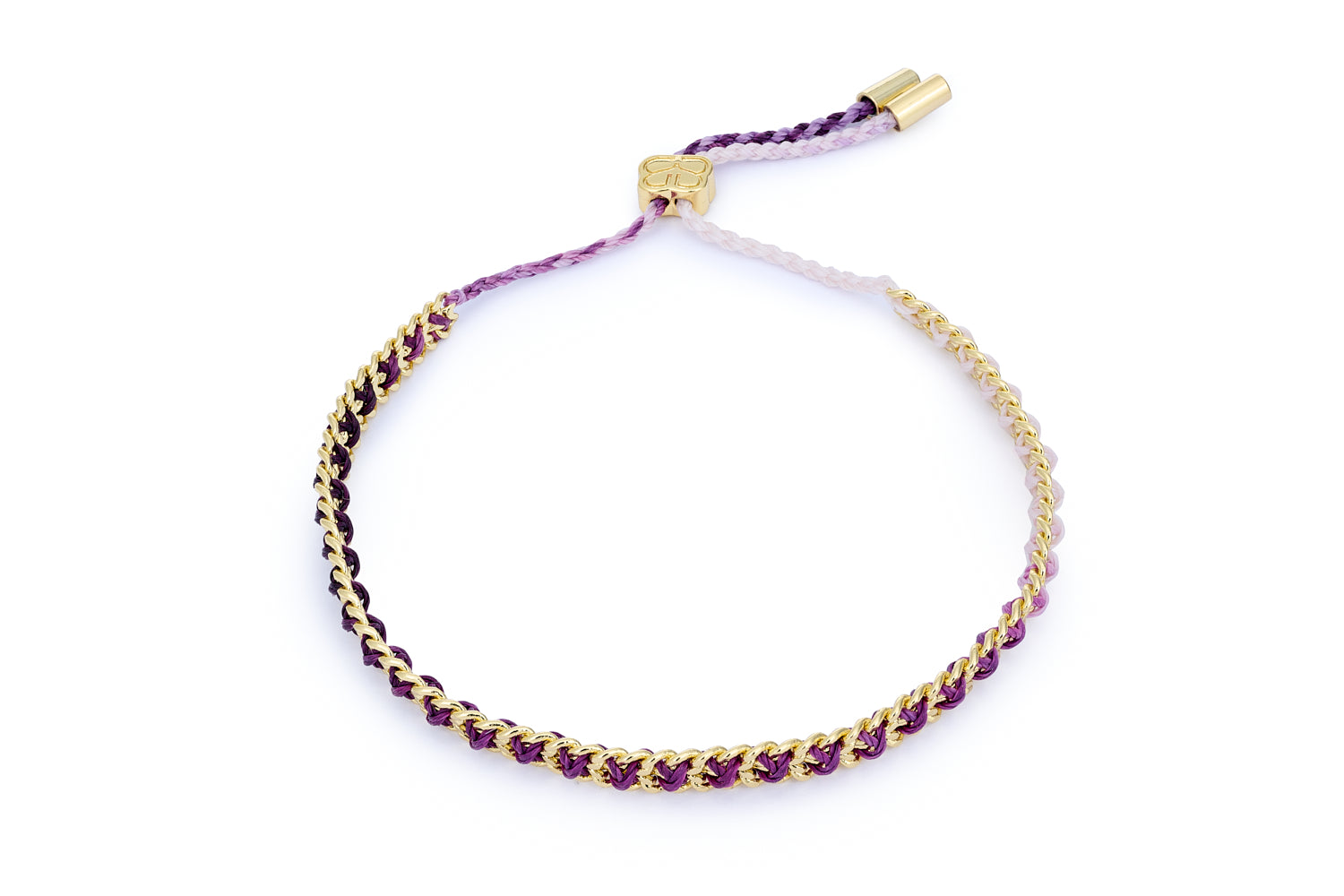 Lilia Gold & Purple Ombre Braided Bracelet with handwoven purple threads, gold-plated chain, and adjustable slider fastening.