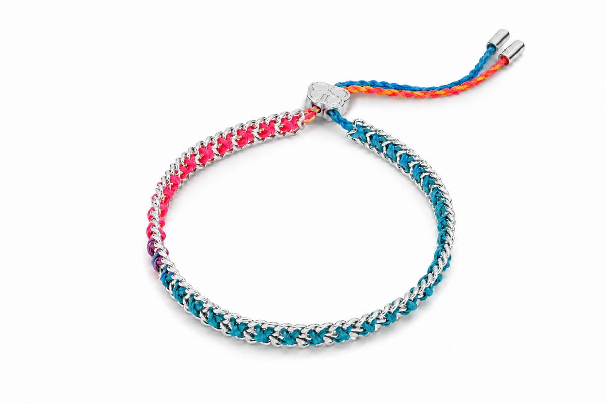 Lilia Havana Brights Silver Braided Bracelet featuring vibrant woven threads with white gold PVD stainless steel chain.