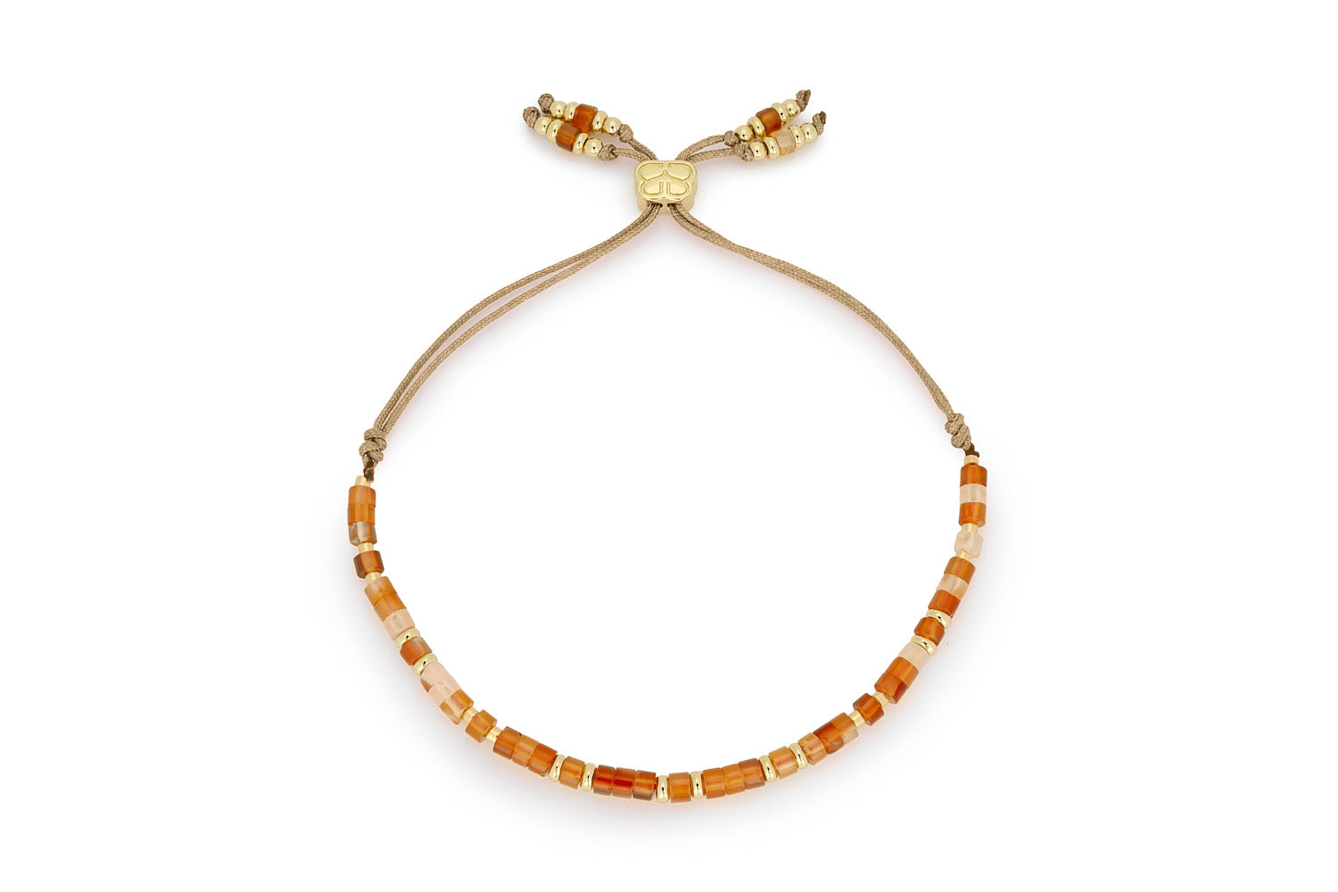 Liv Red Agate Gold Bracelet featuring faceted cube red agate beads in warm earthy tones, with 12k gold-plated accents and an adjustable thread slider fastening.