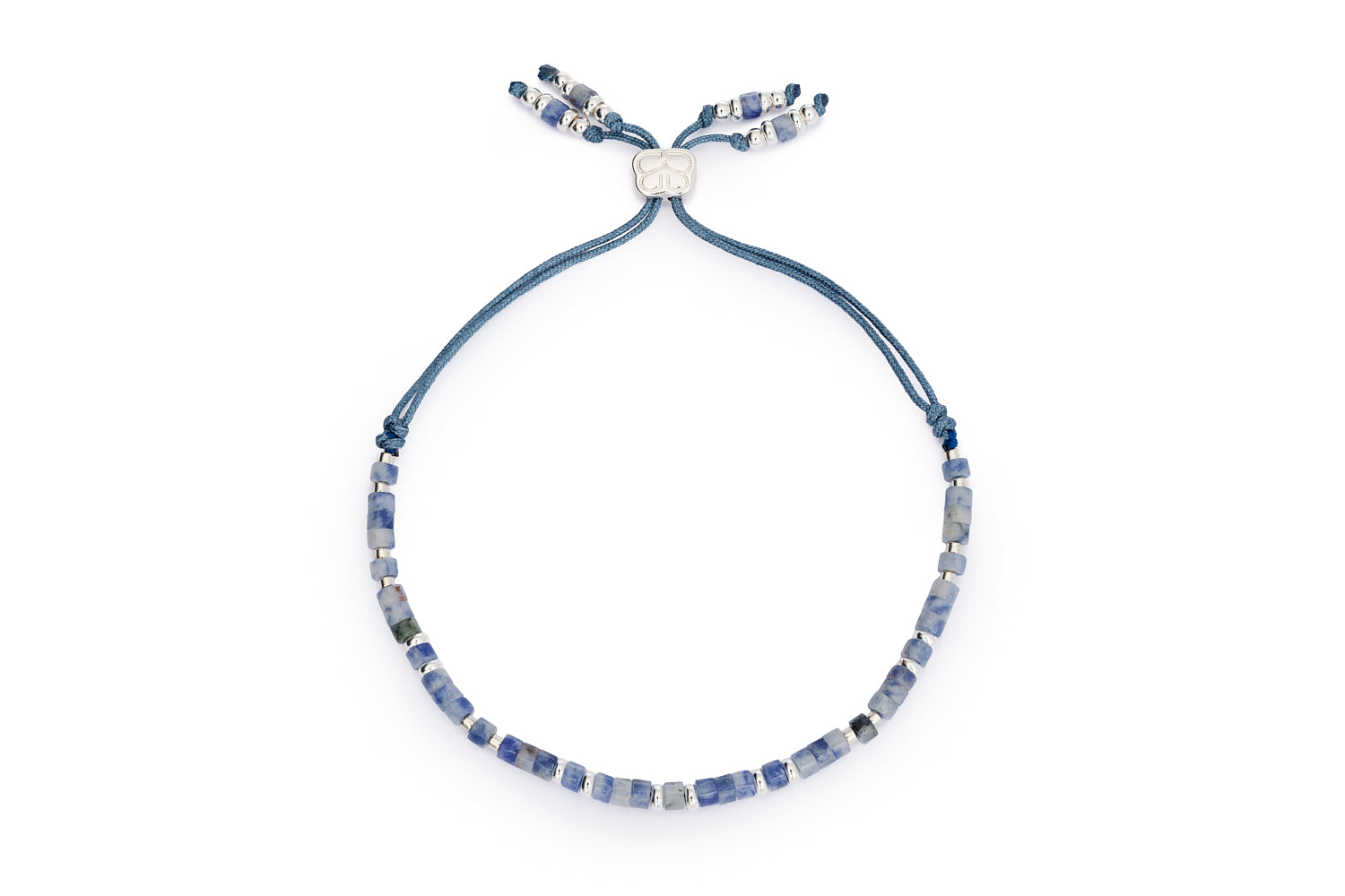 Liv silver friendship bracelet with blue aventurine gemstone cube beads and Boho Betty charm on white background