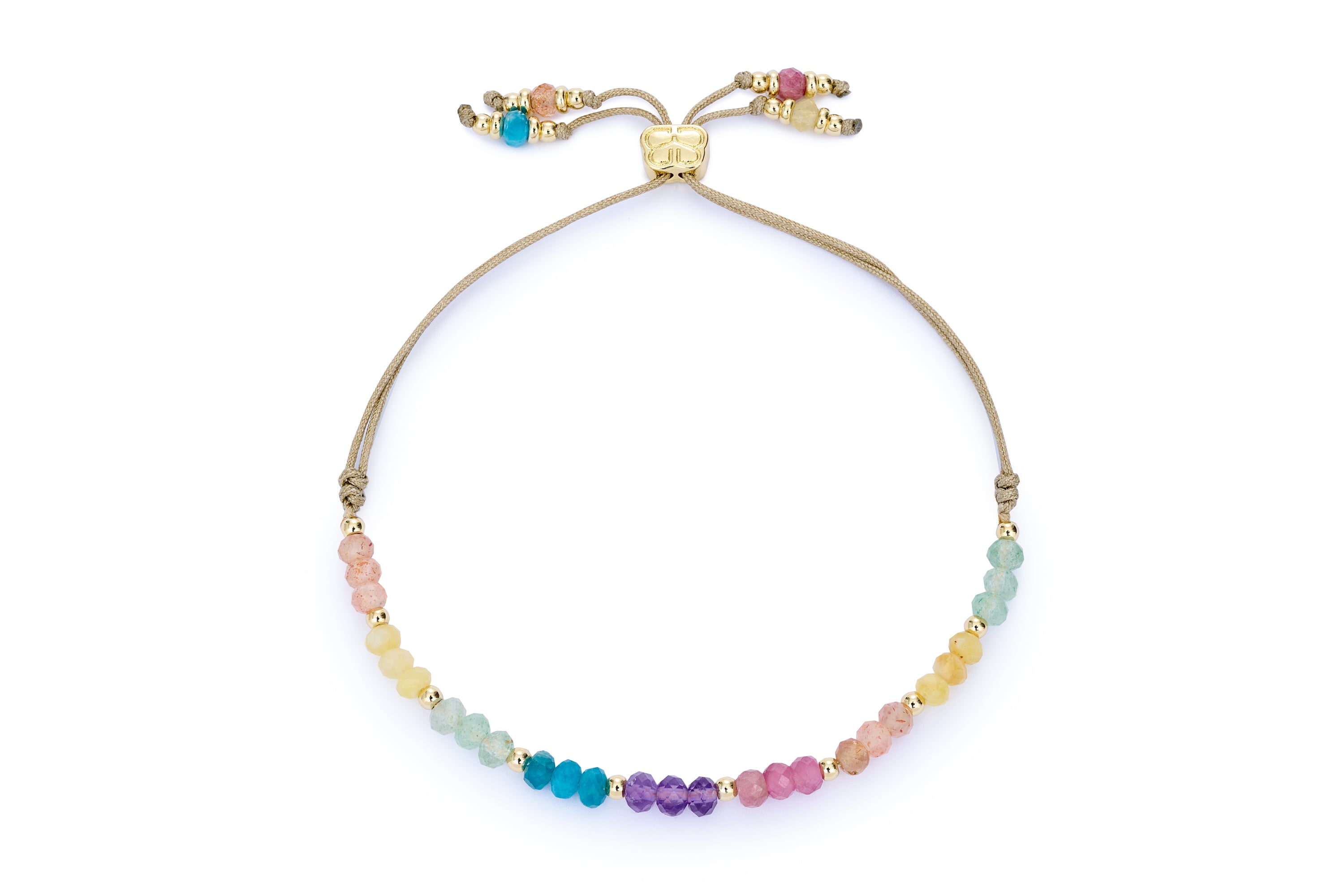Marigold Rainbow Mix Gold Adjustable Bracelet featuring Green Strawberry Quartz, Yellow Opal, Sunstone, Pink Tourmaline, Amethyst, and Apatite gemstones with 12k gold-plated accents.