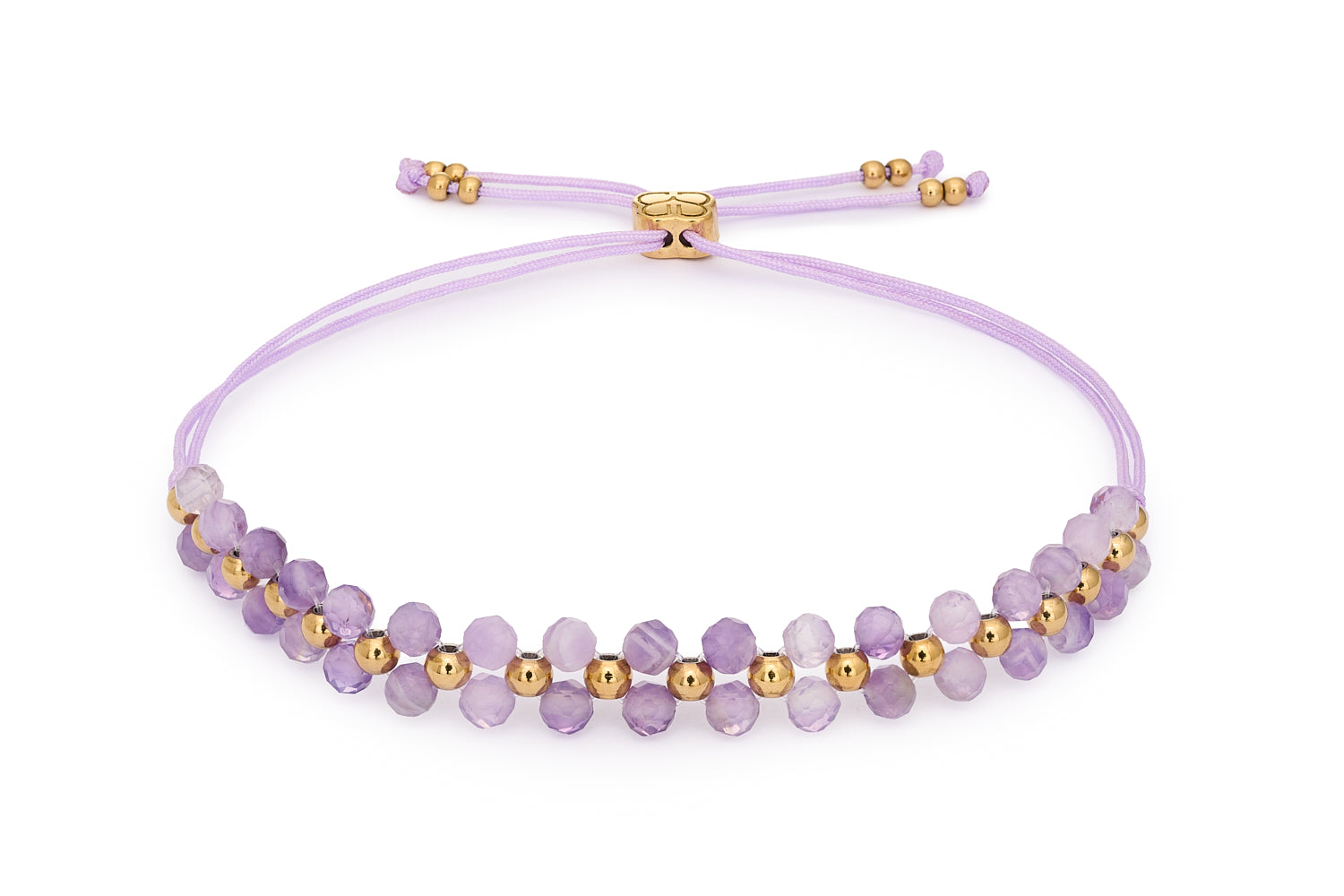 Marisol Amethyst & Gold Beaded Friendship Bracelet featuring lilac woven cord with faceted amethyst gemstones and PVD 14k gold stainless steel accents.
