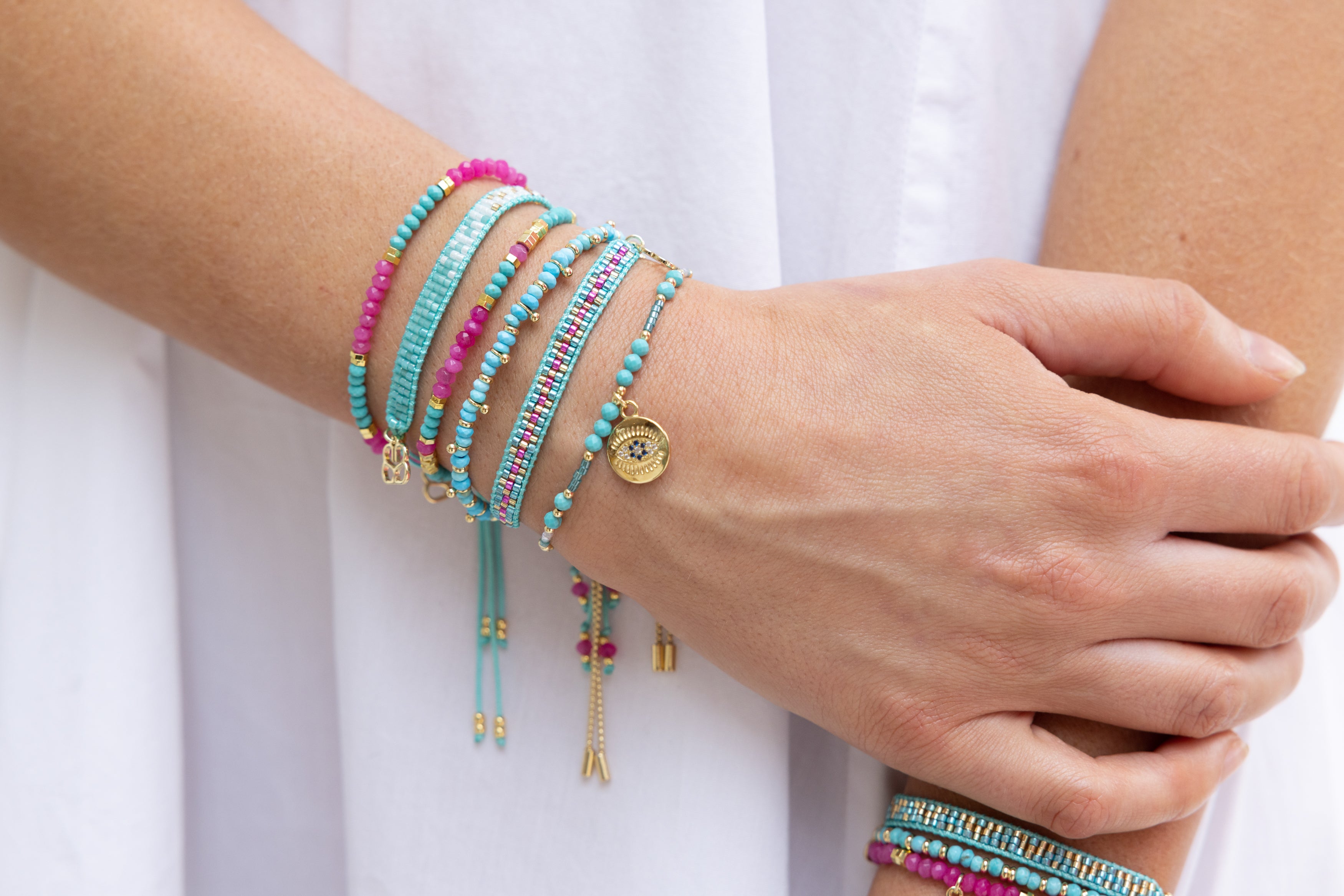 Magenta 3 Layer Gemstone Bracelet Stack