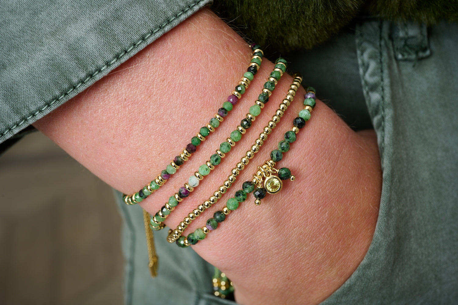Matina Ruby Zoisite Gold & Green Bracelet Stack featured on wrist with Boho Betty stacking bracelets in cosy, earthy styling