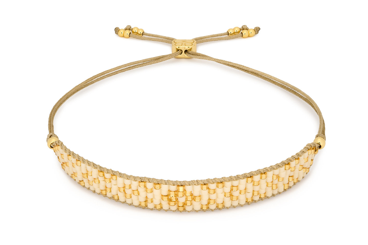 Maya Cream Gold Beaded Friendship Bracelet featuring luxurious cream Miyuki beads and 12k gold-plated accents, perfect for layering or wearing solo.