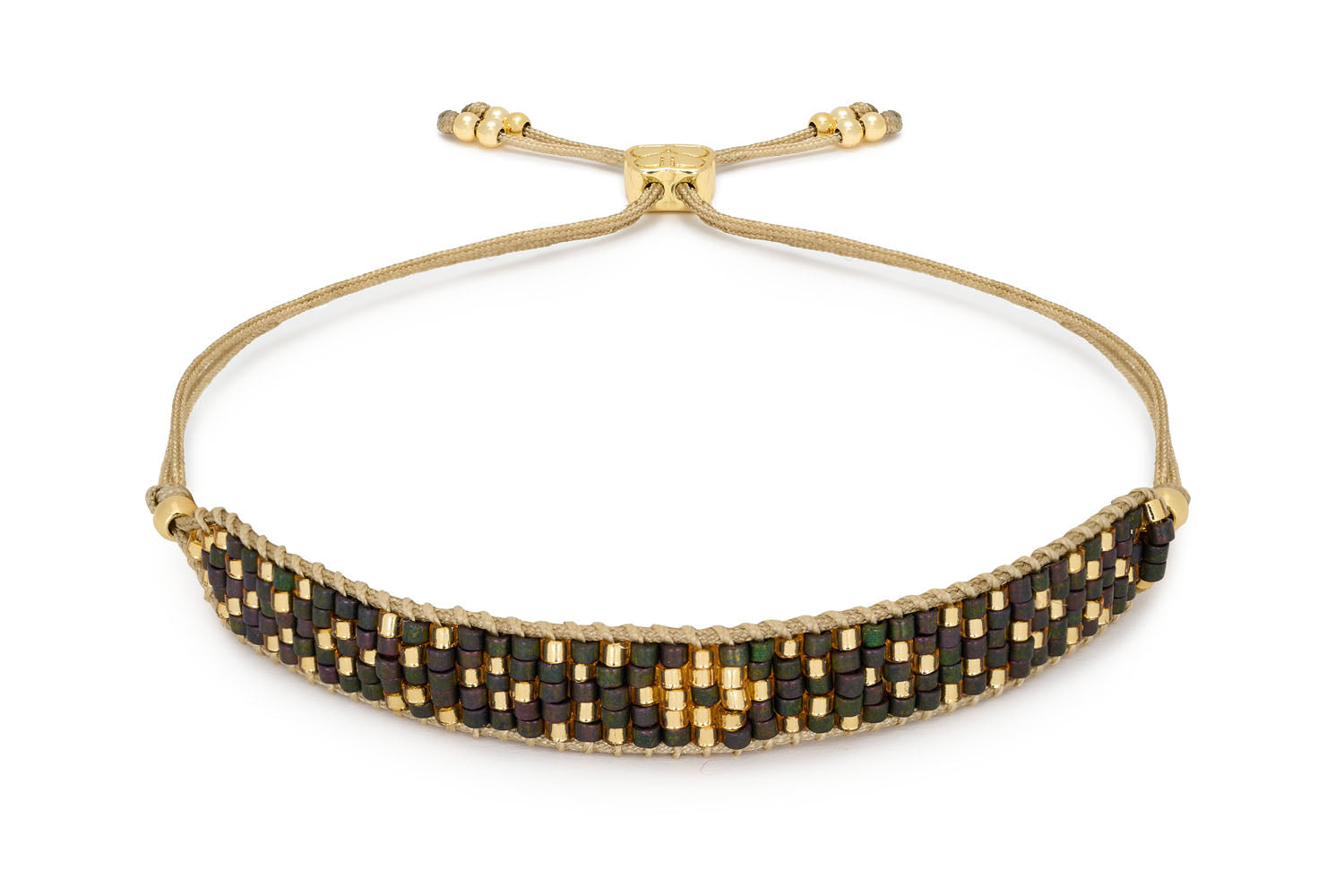 Maya Gold & Black Beaded Friendship Bracelet featuring five rows of glossy black Miyuki beads and 12k gold-plated accents, perfect for a chic, evening look.