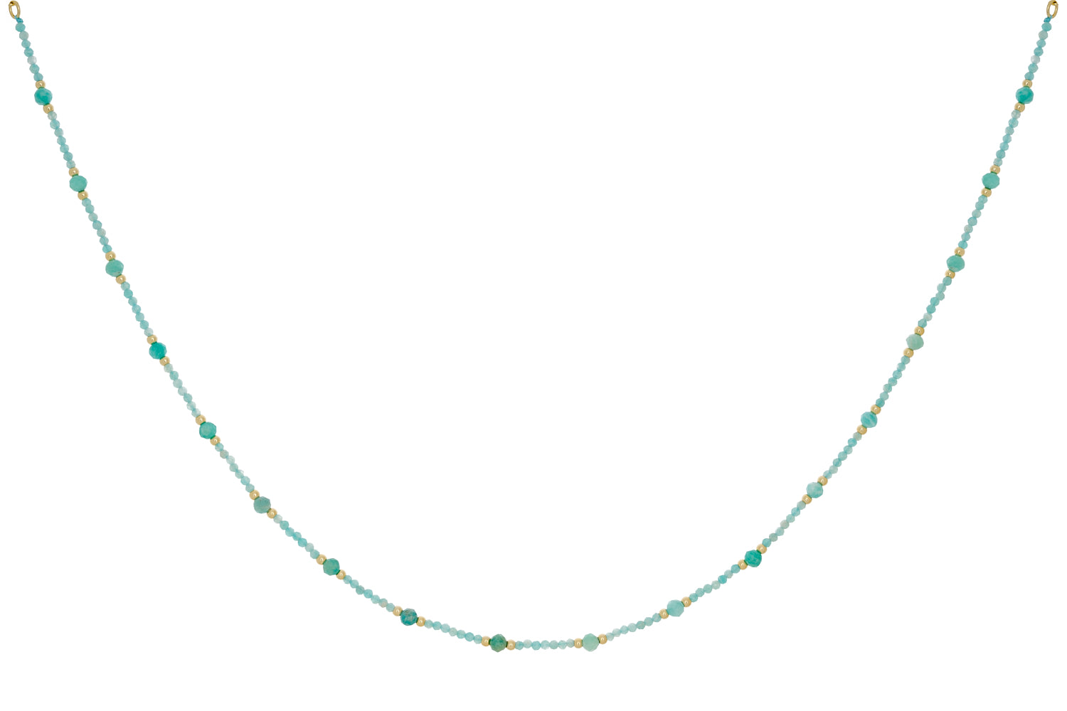 Melrose Gold & Amazonite Layering Beaded Necklace featuring aqua-hued amazonite gemstones, shimmering gold accents, and an adjustable chain for versatile styling.