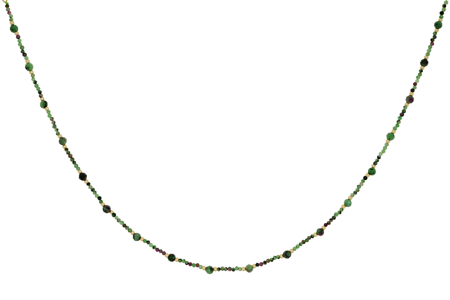 Melrose Gold & Ruby Zoisite Gemstone Bead Necklace featuring faceted ruby zoisite stones in mixed fuchsia and green tones with gold-plated accents, designed for layering.