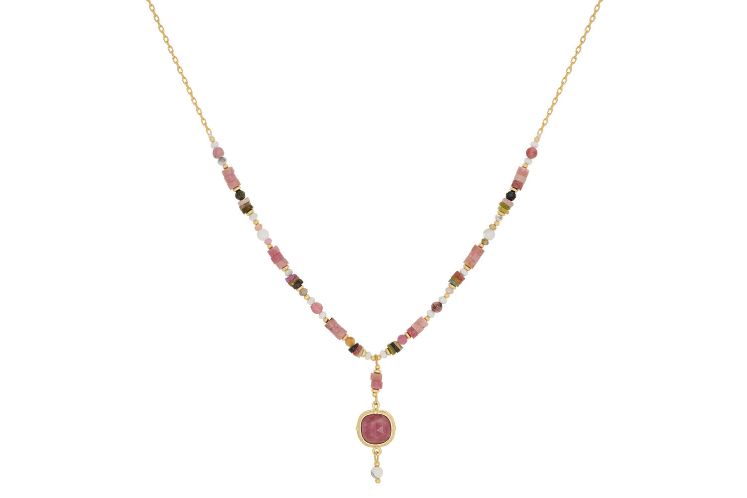 Metis Pink Beaded Tourmaline Pendant Necklace featuring an eclectic mix of pink tourmaline beads and pendant, with 12k gold-plated accents.